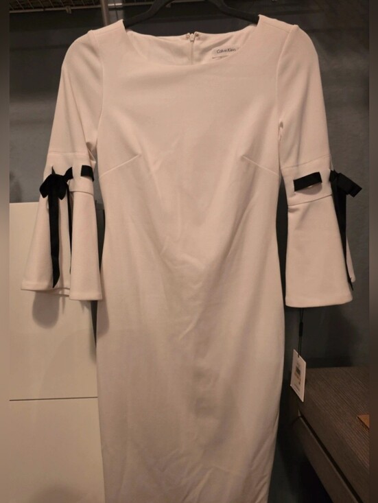 Calvin Klein Dresses & Skirts - Calvin Klein White Midi Sheath Dress with Black Ribbon Sleeves [2]